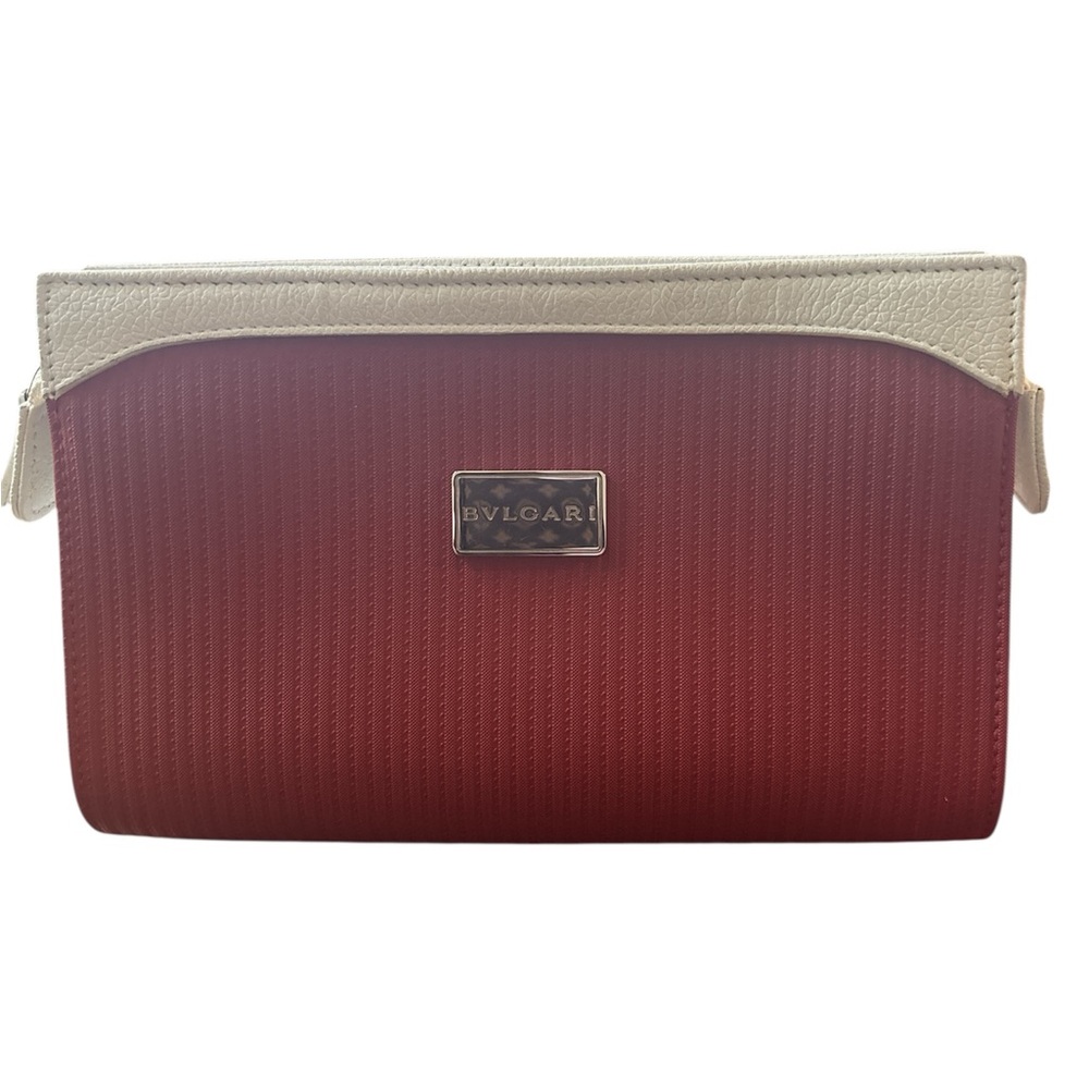 BVLGARI Red and Cream Pouch/ Cosmetic Bag with Ribbed Texture